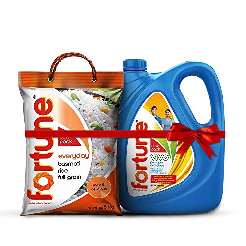 Fortune Vivo Pro Sugar Oil 5L Jar + Fortune Everyday Full Grain basmati Rice 5 Kg